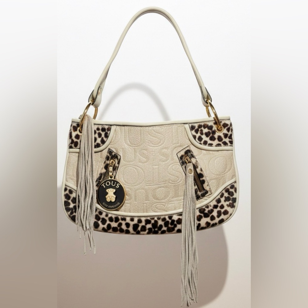 TOUS Leather Shoulder Bag with Pony Hair Animal Print Y2K